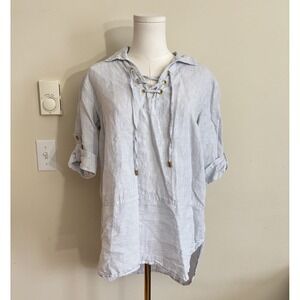Ellen Tracy Striped Top 100% Linen Nautical Coastal Beach Womens Medium‎ White